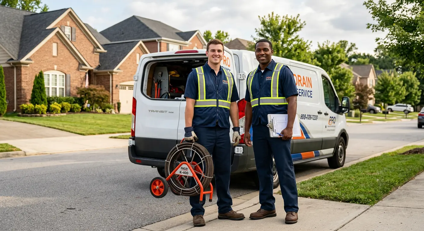 Sewer and drain service team with equipment ready for work in North Union