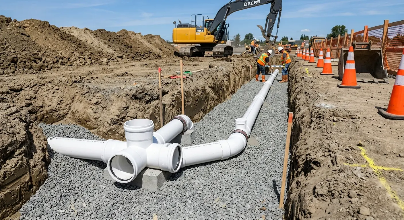 New PVC sewer pipe installation in open trench for Sewer Backup in North Union